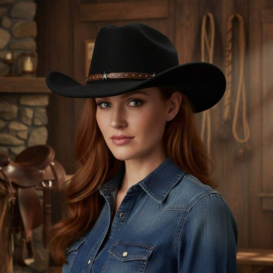 Unisex Western Cowboy Hat With Star Studded Leather Belt Wide Brim Felt Fedora For Men Women