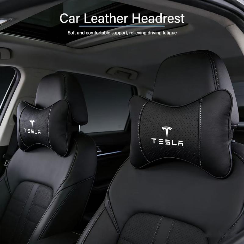 ALJ1 Leather Car Seat Headrest Memory Foam Comfort Neck Pillow Auto Interiors For Tesla Model 3 Y S X Cybertruck Roadster Coil Bonina