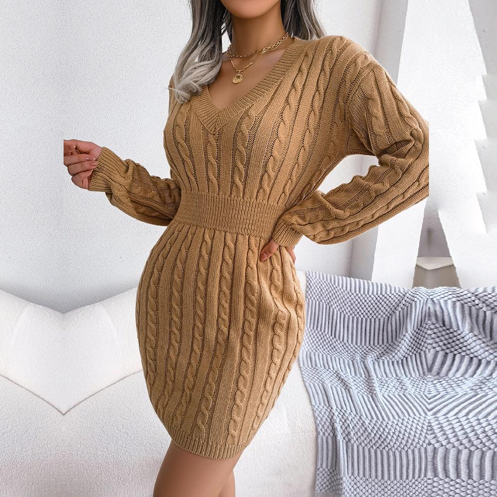 Frauen Herbst Winter Hohe Taille Twist Wrap V-ausschnitt Langarm Einfarbig Hüfte Pullover Kleid SL