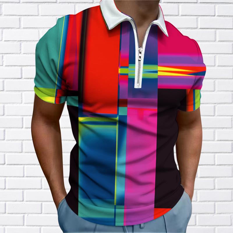 

Мужская рубашка поло повседневная на молнии с коротким рукавом модная повседневная на молнии лето весна стандартный крой цветная 3D-блузка с принтом L разноцветный