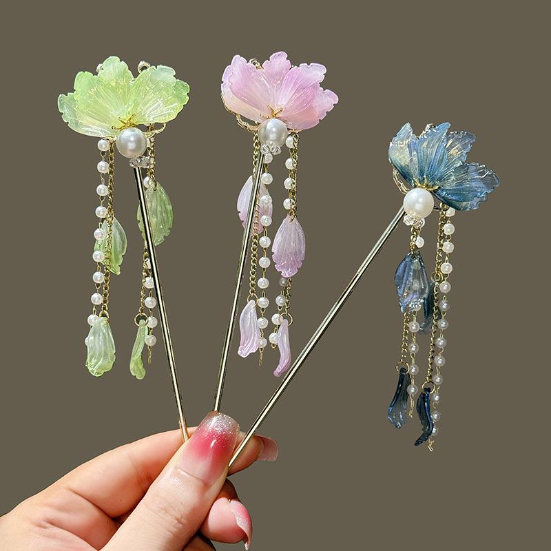 Female Alloy Hairpin With Long Tassel Chinese Hair Stick Blue Petal Headwear Fairy Pearl Cheongsam Decor Haie Bun Jewelry