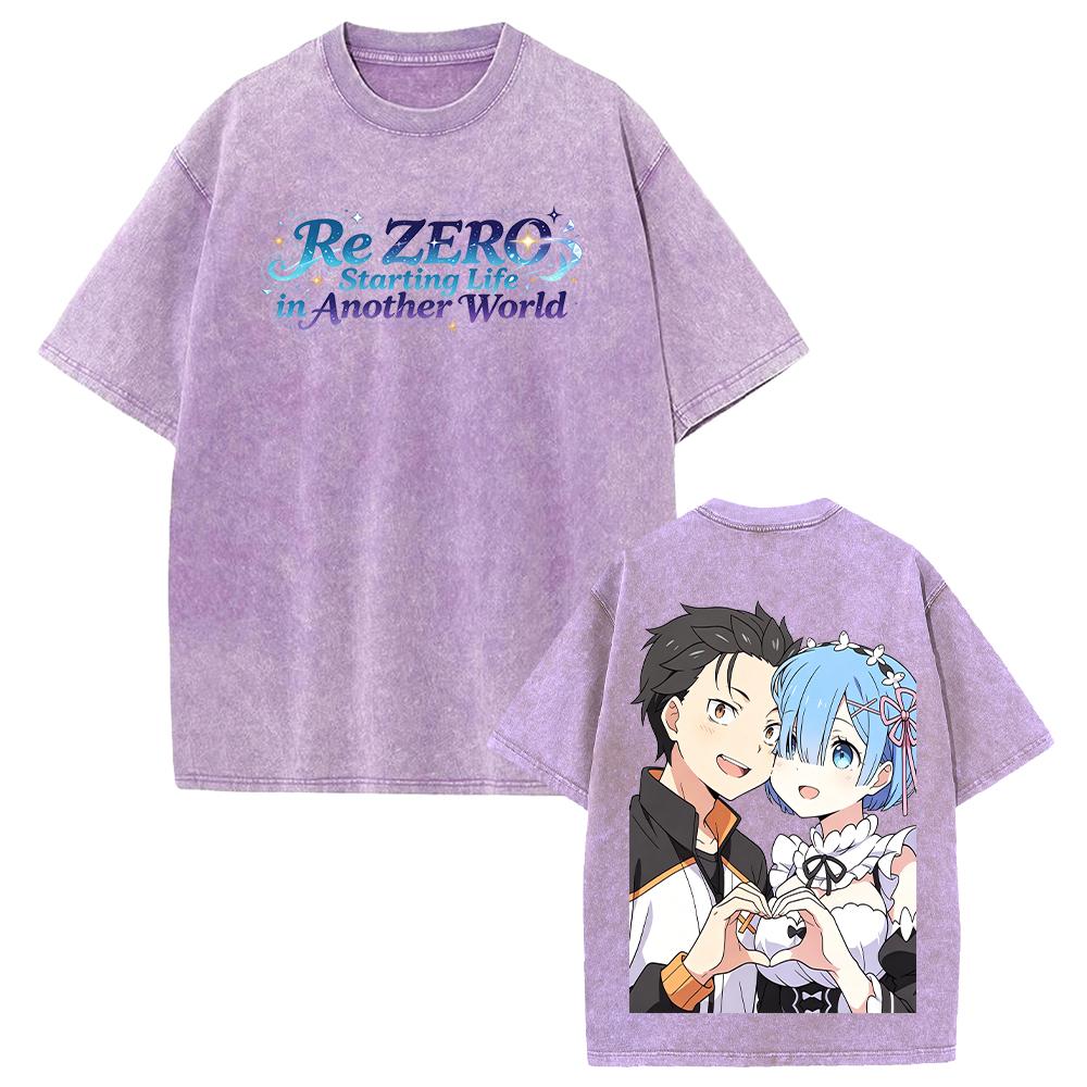 Rem And Natsuki Subaru Couple Print T-shirt Anime Re ZERO Clothing Men Women Cotton Tshirts Retro Washed T Shirt Oversized Tops