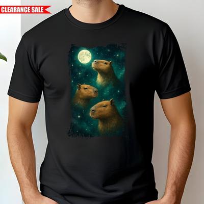 Drei Capybara Mond Bedrucktes T-Shirt Lustiges Tierliebhaber Geschenk 100% Baumwoll T-Shirt Top