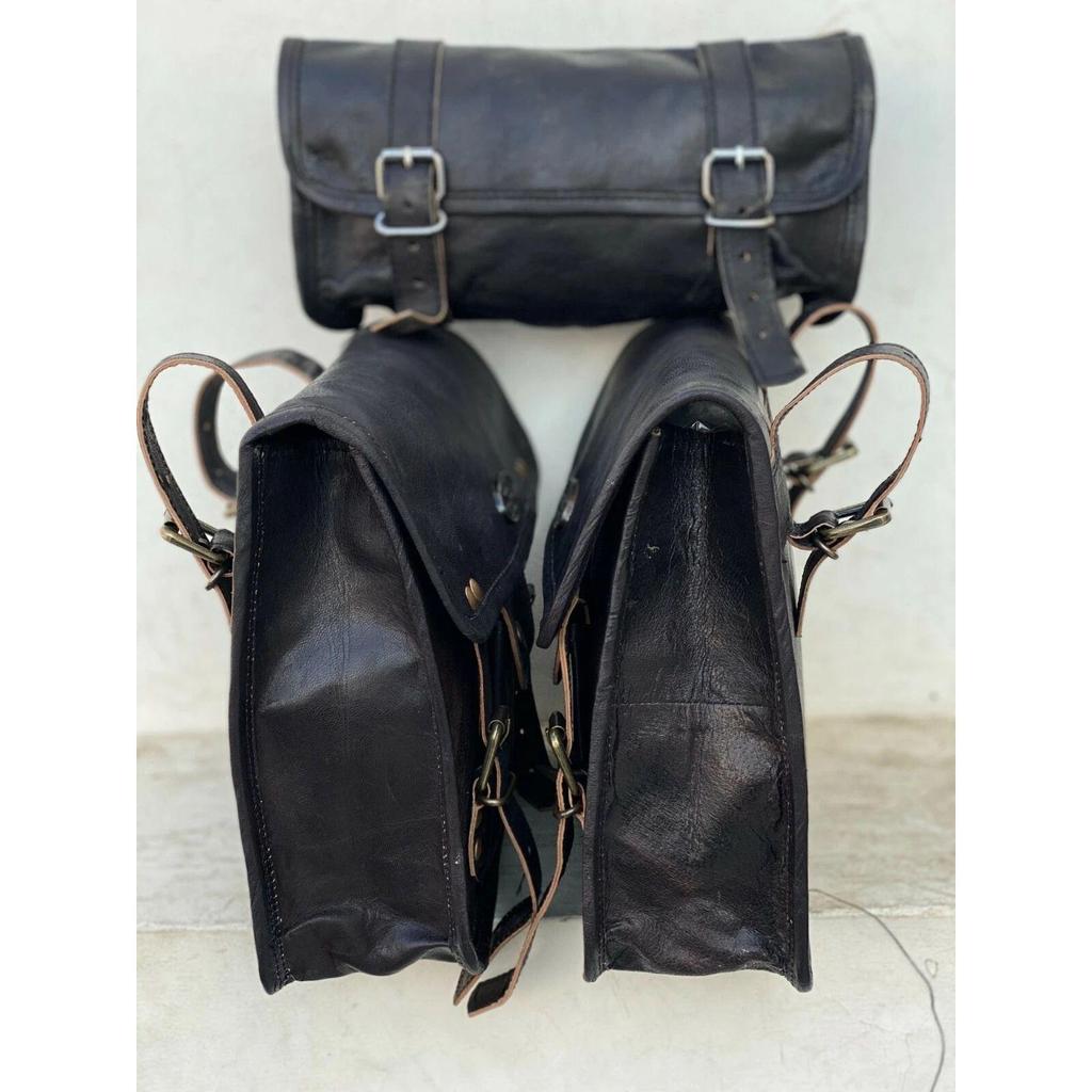 Leather Motorcycle Saddle Bag Two Black Leather 2 Side Pouch & 1 Pouch Panniers (3 BAG)