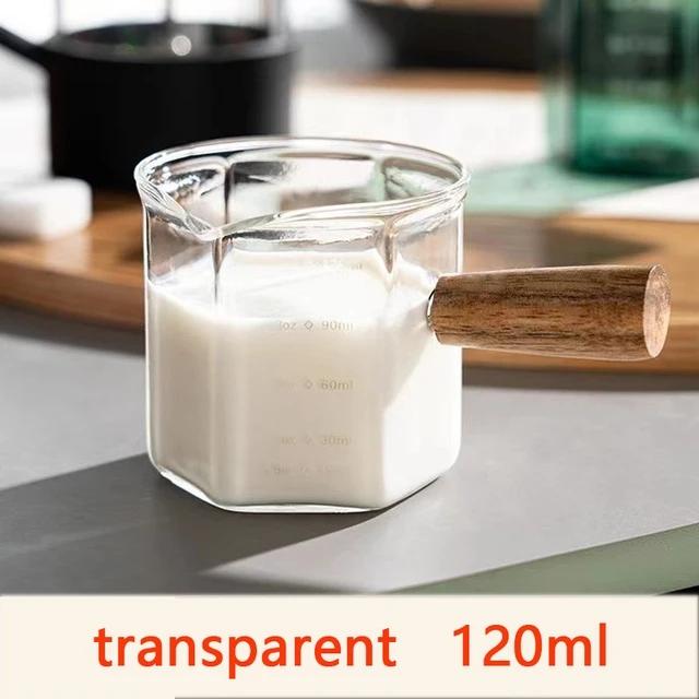 Messbecher aus Glas mit Holzgriff für Kaffee, Milch, Espresso, Küche, Backwerkzeuge, graduierte Skala, Heimbar, Geschenk
