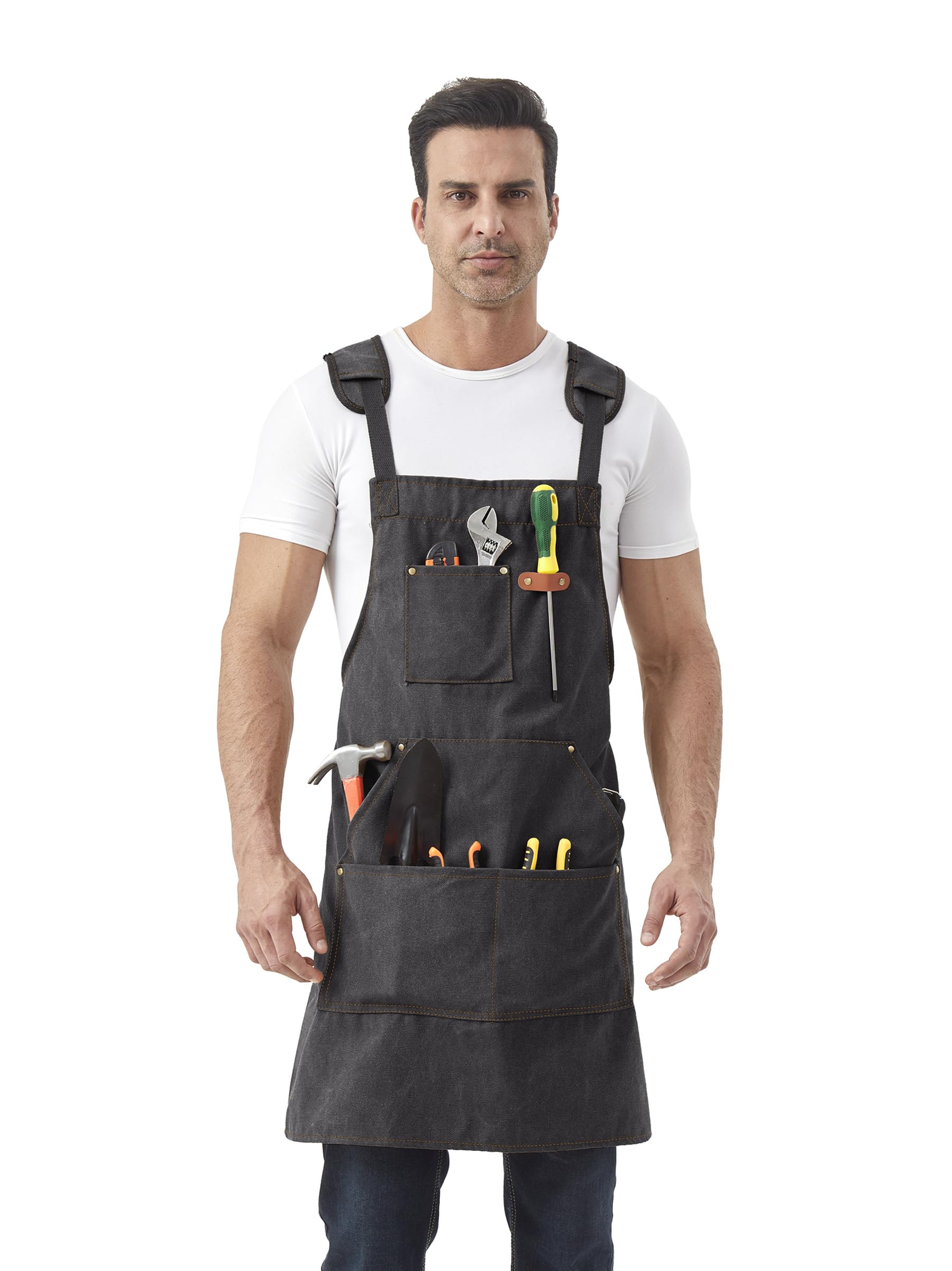 

[Nanxson] Work Apron, Professional Tool Apron with Multiple Pockets, Back Cross Strap, Denim Canvas, Adjustable, Water-Repellent, Suitable for DIY, Wo