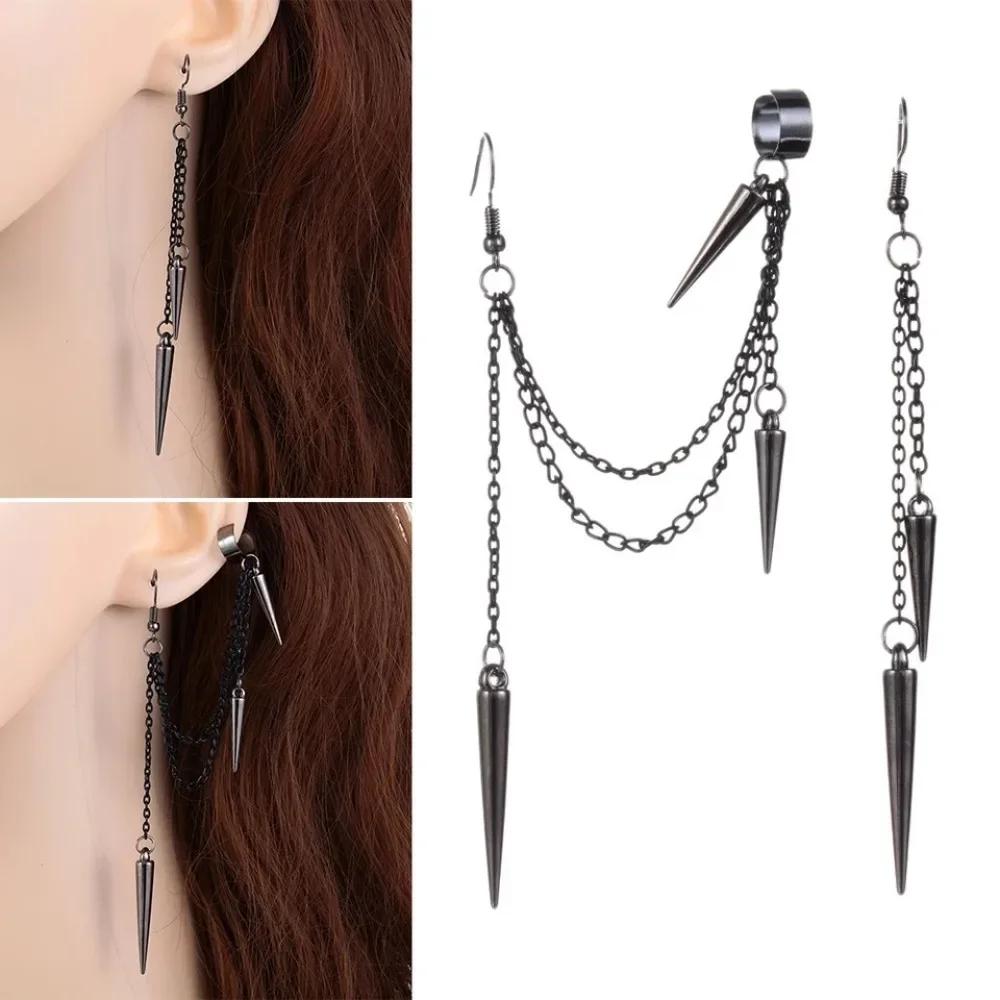 Punk Style Black Rivet Dissymmetry Long Tassel Dangle Earrings for Women Personality Hip Hop Rock Punk Jewelry Accessory Gift