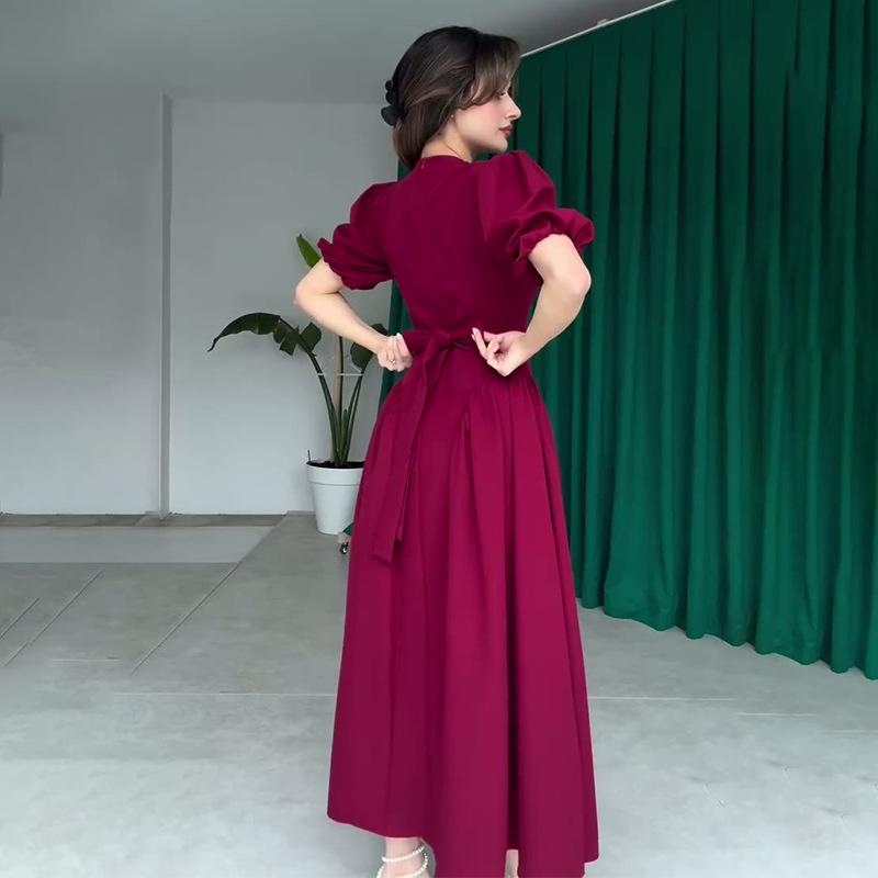 2025 Summer Puff Sleeve Tie-Up Dress: Cute & Versatile Solid Color for Women