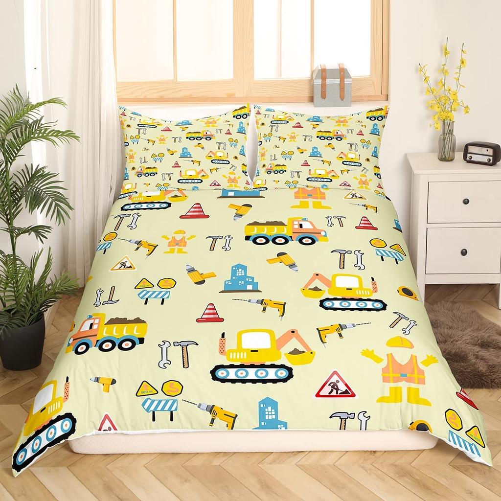 Truck Excavator King Queen Duvet Cover Yellow Tractor Bedding Set For Kids Boys Girls Cartoon Car Transporter 2/3pcs Quilt Cover