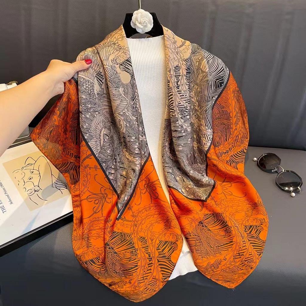 110cm Versatile Women’s Imitation Silk Scarf - Large, Printed, Decorative, Sunscreen Shawl