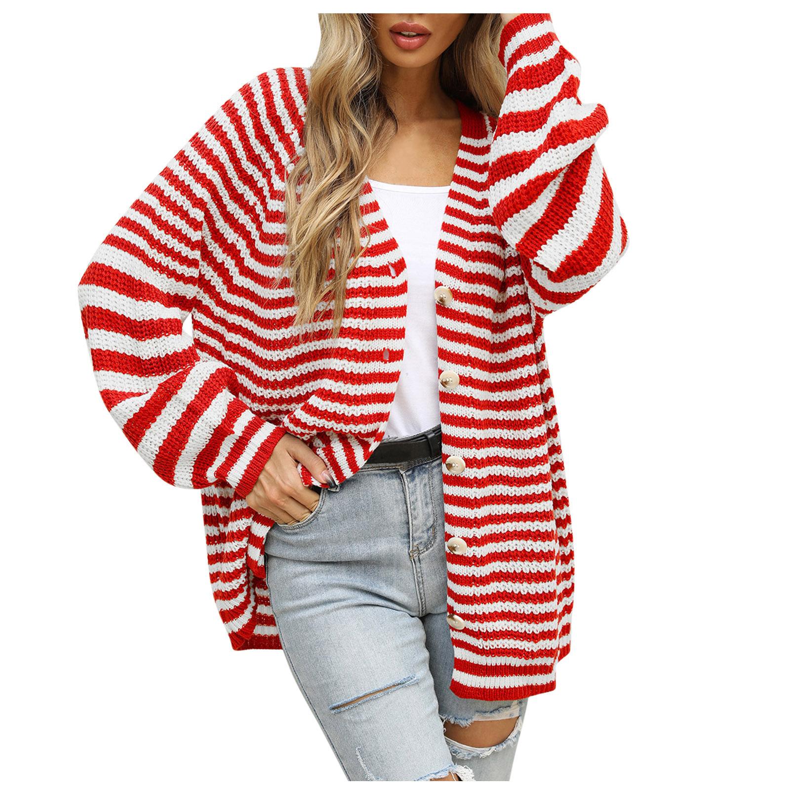 

Fashion Women Colorblock Striped Ribbed Knitted Cardigan Long Sleeve Single-Breasted Button Up V-Neck Loose Sweater Coat S красный