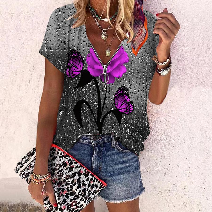 

Женский топ, летняя новая мода, цветок розы, повседневный топ с короткими рукавами и застежкой-молнией с принтом «Роза под дождем» и v-образным вырезом 8XL фиолетовый