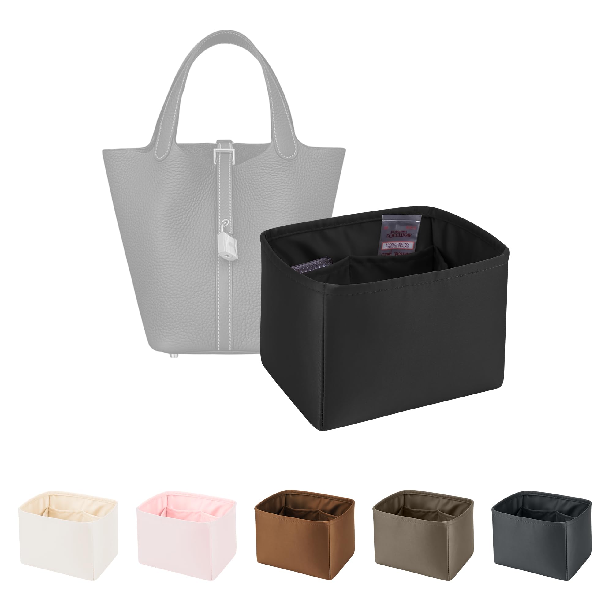 

KINGS IN BAG Атласная сумка-вкладыш для Hermès Picotin, Организующая, Держит форму, Легкая, с Разделенными Карманами, Стоит Вертикально и Защищает (Черный, для