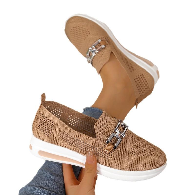 Spring new metal chain slope heel thick sole one pedal breathable and lightweight mesh large size casual single shoes women