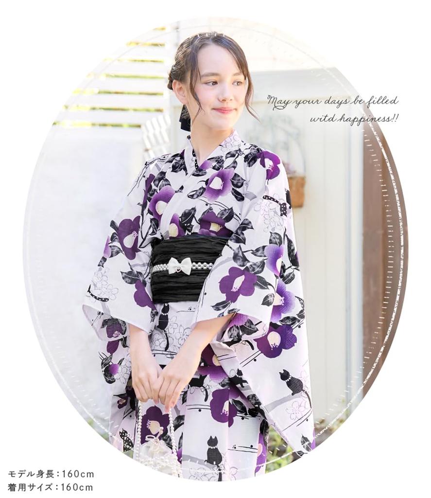 Arisana Yukata for Separate Sizes and 160cm and Watercolor Camellia 130cm Two-Way Girls, Set, 120, 130, 140, 150, (3-Piece Set Top, Dress, Obi),