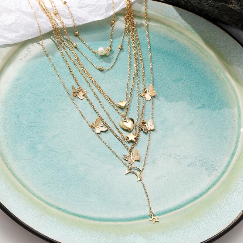 6 Pcs/set Pendant  Necklace Creative Personality Multi-layer Butterflies Moon Peach Heart-shaped
