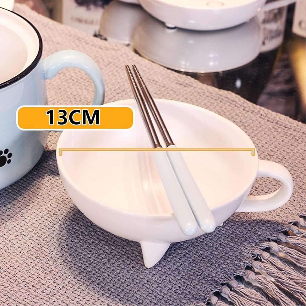 Ramen Bowl with Handle and Lid - Ceramic Instant Noodle Bowl for Soup, Salad, Cereal (Blue)
