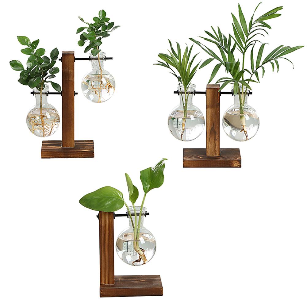 Simple and Creative Glass Vase with Wooden Stand for Hydroponic Cultivation (Type C)