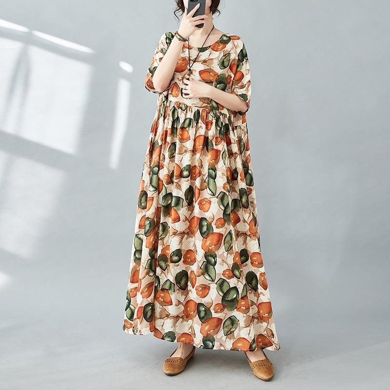 Dimanaf Women Dress Summer Plus Size Beach Sundress Linen Bohemian Print Flowers Fashion Lady Vestidos Loose Casual Long Dress Oversize 9079