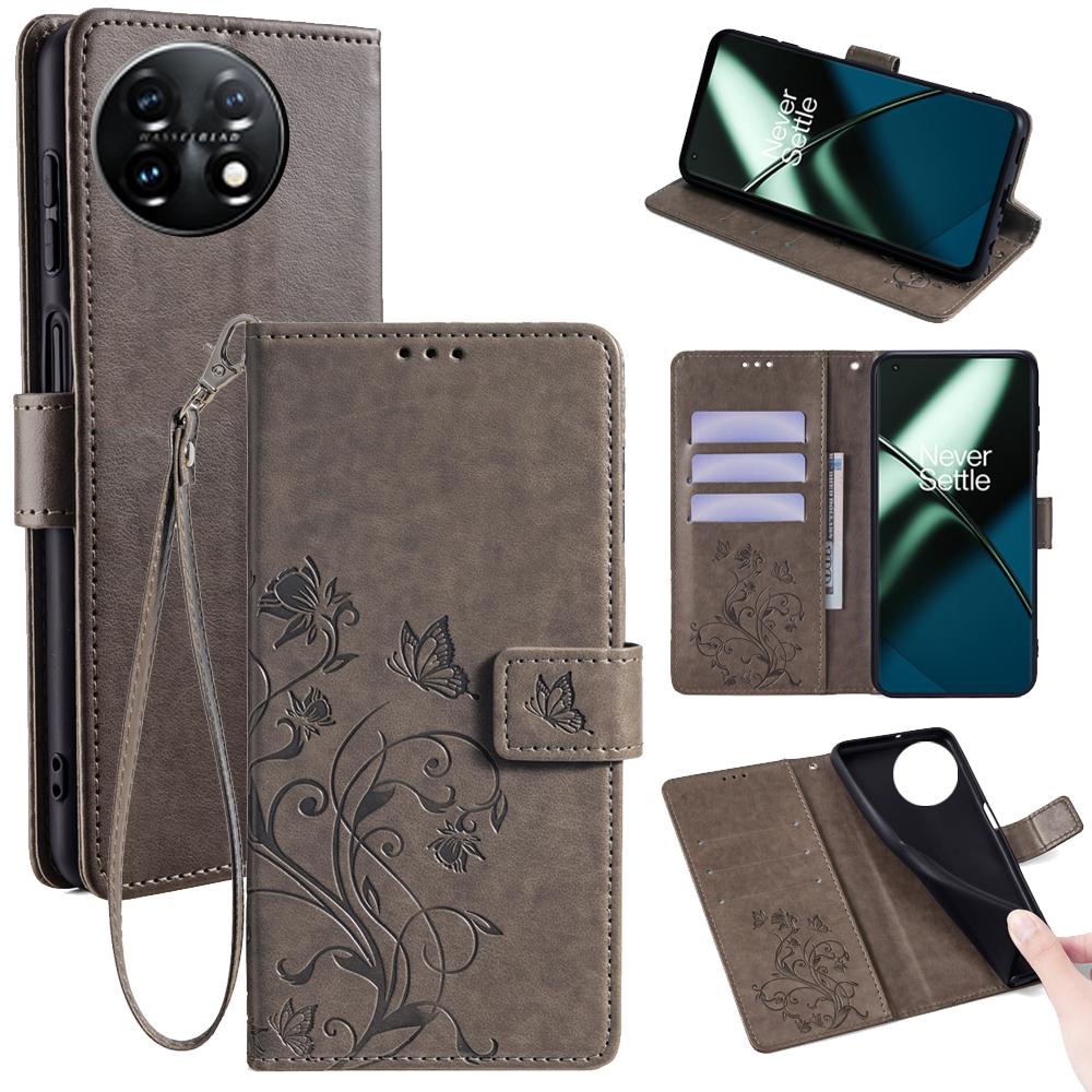 

For OnePlus 11 5G Case Butterfly Flower Imprinted PU Leather Flip Phone Cover with 3 Card Slot Grey