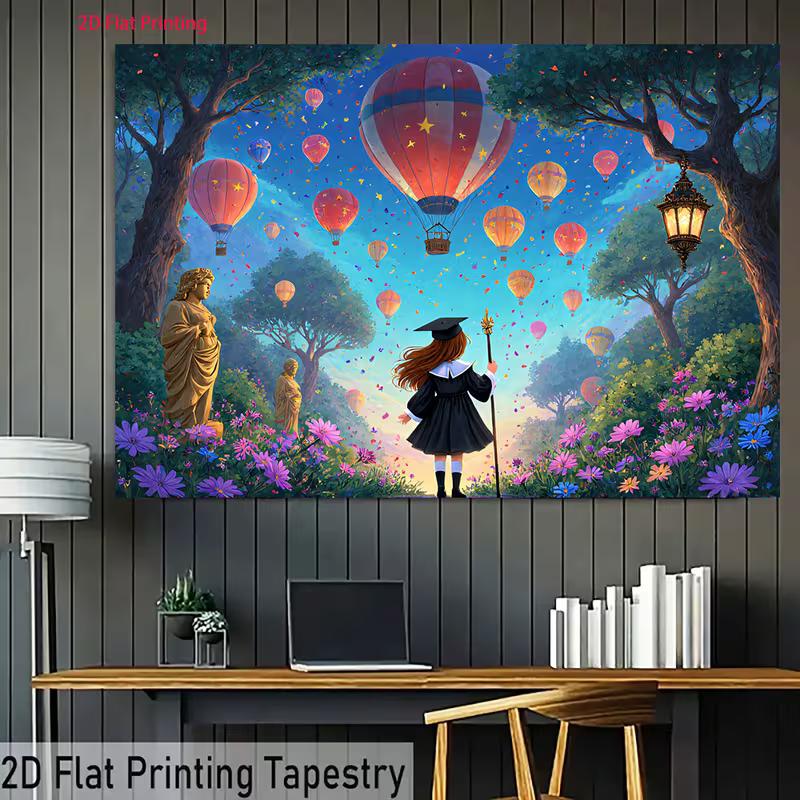 2D Magical Graduation Backdrop 2D Graduate Girl with Staff and Colorful Balloons Photo Background for Photography Decor