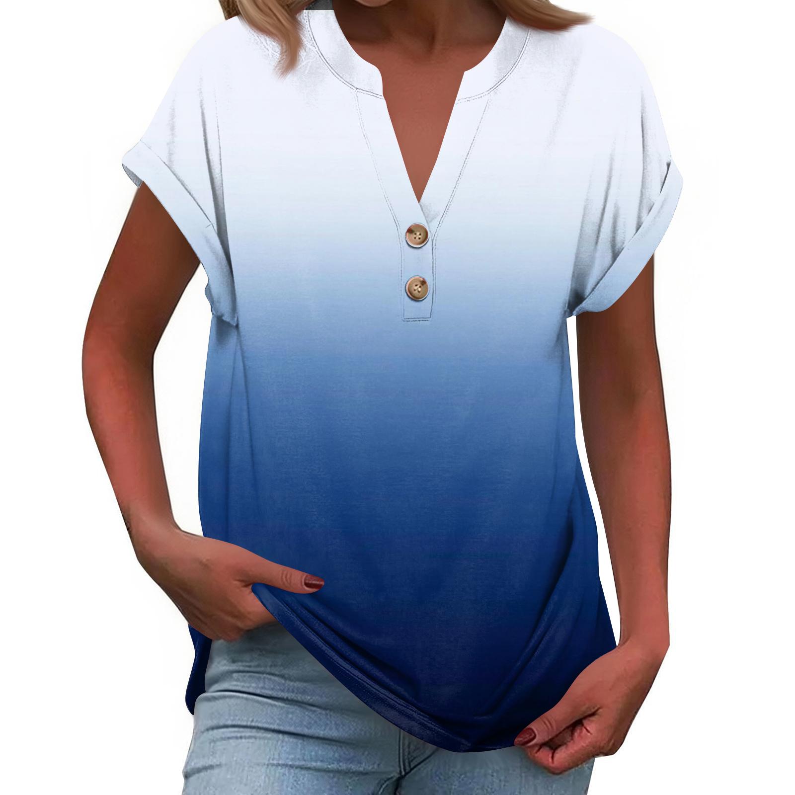 Women s Fashionable Casual Loose-Fit Short-Sleeved Button-Up V-Neck Printed T-Shirt Top L синий