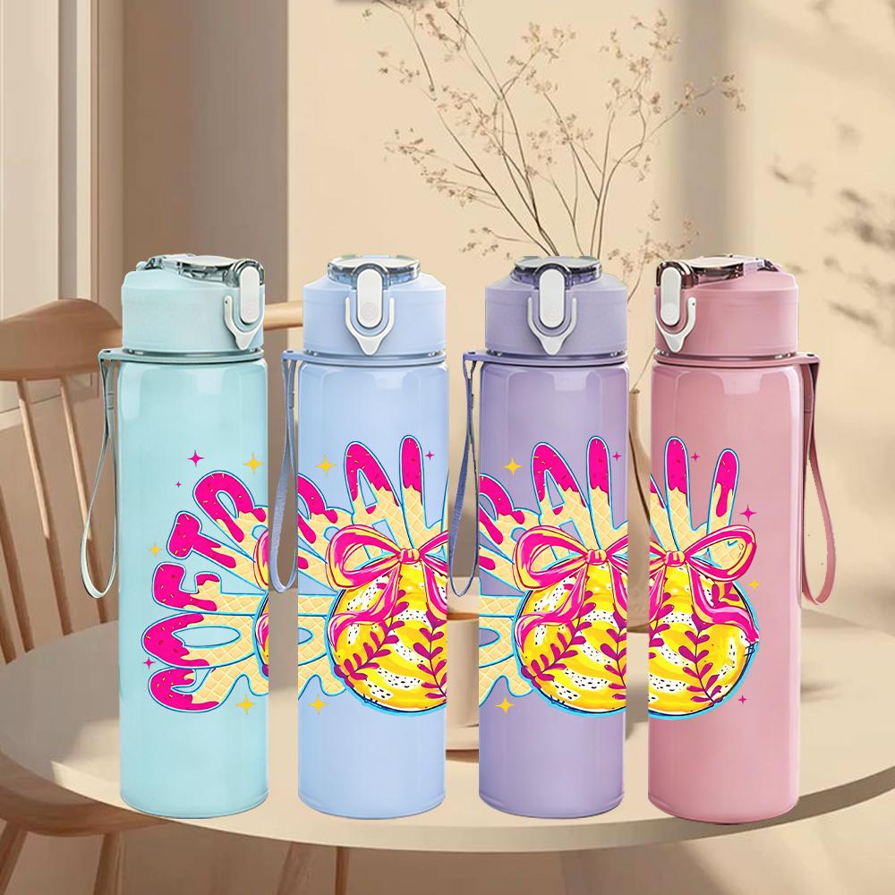 1PC Colorful Softball Bow Graffiti Art 750ml Color Plastic Water Bottle Leakproof Flip Straw Lid For Sports Office Home Use