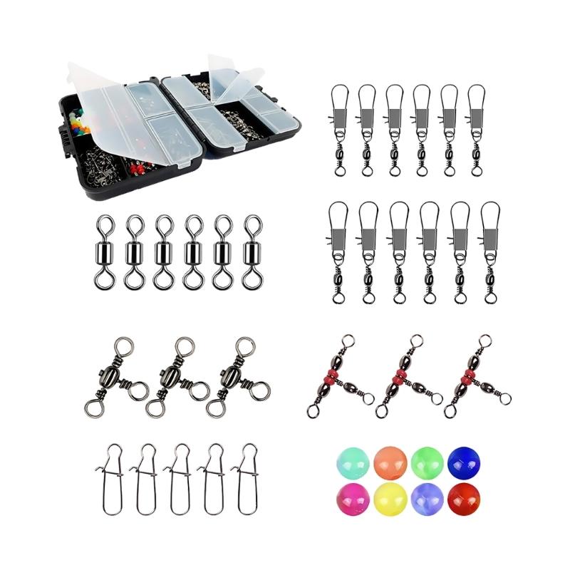 140Pcs/Set Fishing Swivels Snaps Set with Beads Storage Box Barrels Swivels 3 Way Crossline Rolling Swivels Fishing Tackle 1