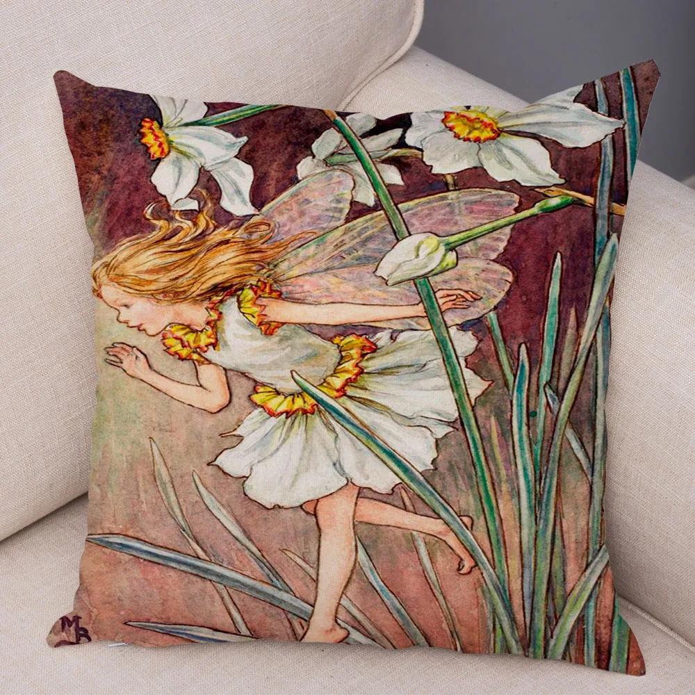 Vintage Cartoon Elfen Kissenbezug Dekor Bunte Märchenwelt Kissenbezug Plüsch Blumenmädchen Kissenbezug für Sofa Zuhause