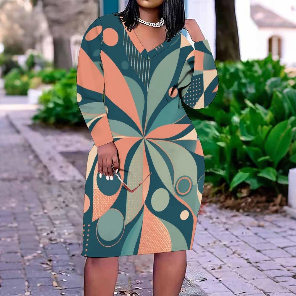 Women Plus Size V Neck Long Sleeve Geometric Printed Fitted Knee Length Dress