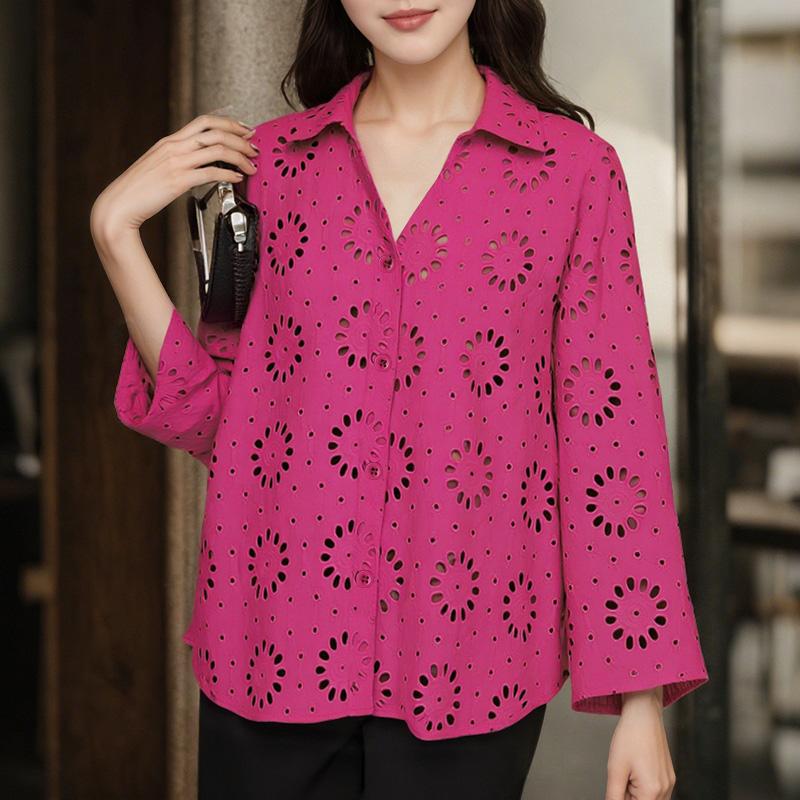 ZANZEA Blusa Casual para Mujer con Cuello Vuelto, Manga 3/4 Holgada, Calada, Patchwork