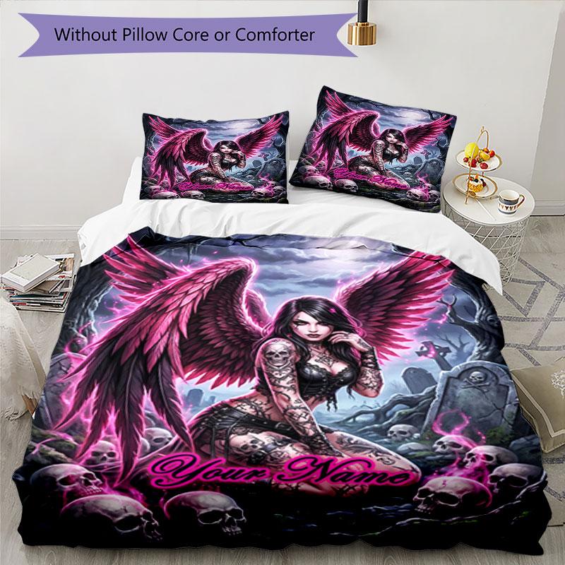 3pcs Custom Name Gothic Angel Skulls Night Bedding Set Printed Bedding Set Duvet Cover Closure Includes 1 Duvet Cover & 2 Pillowcases Bedroom Decor