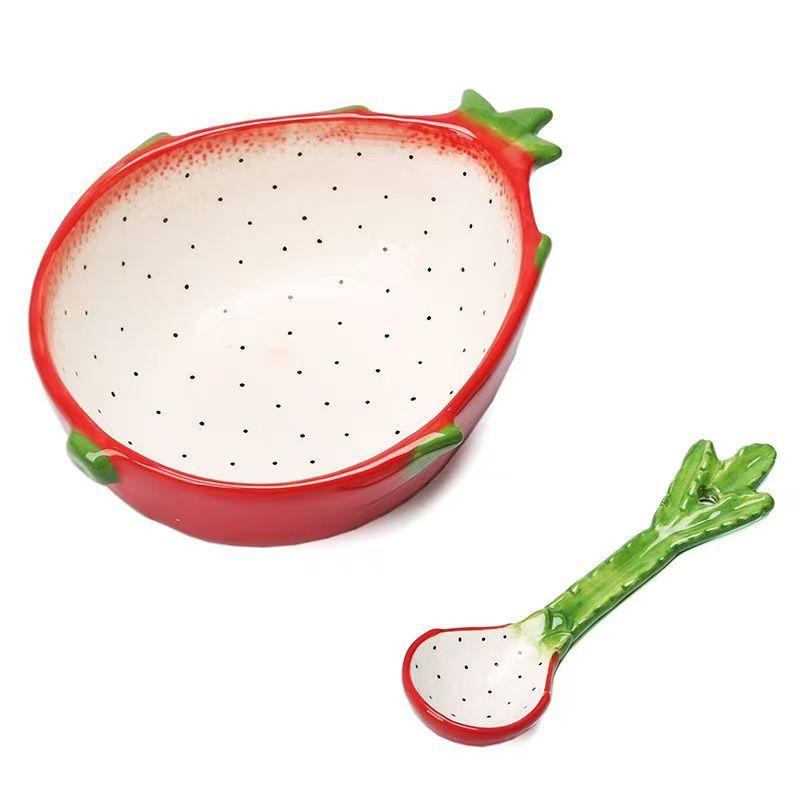 Ceramic Fruit Salad Bowl with Spoon Cartoon Vegetable Tableware Eating Rice Bowl Serving Strawberry Bowl Noodle Bowls 300ml