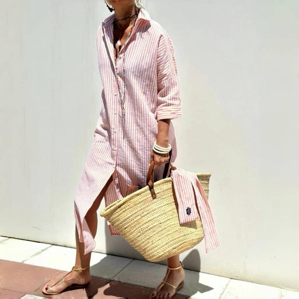 Long Sleeve Cotton Linen Shirt Dress Elegant Long Dress for Women Fashion Print Button Lapel Neck Casual Dresses Robe Femme