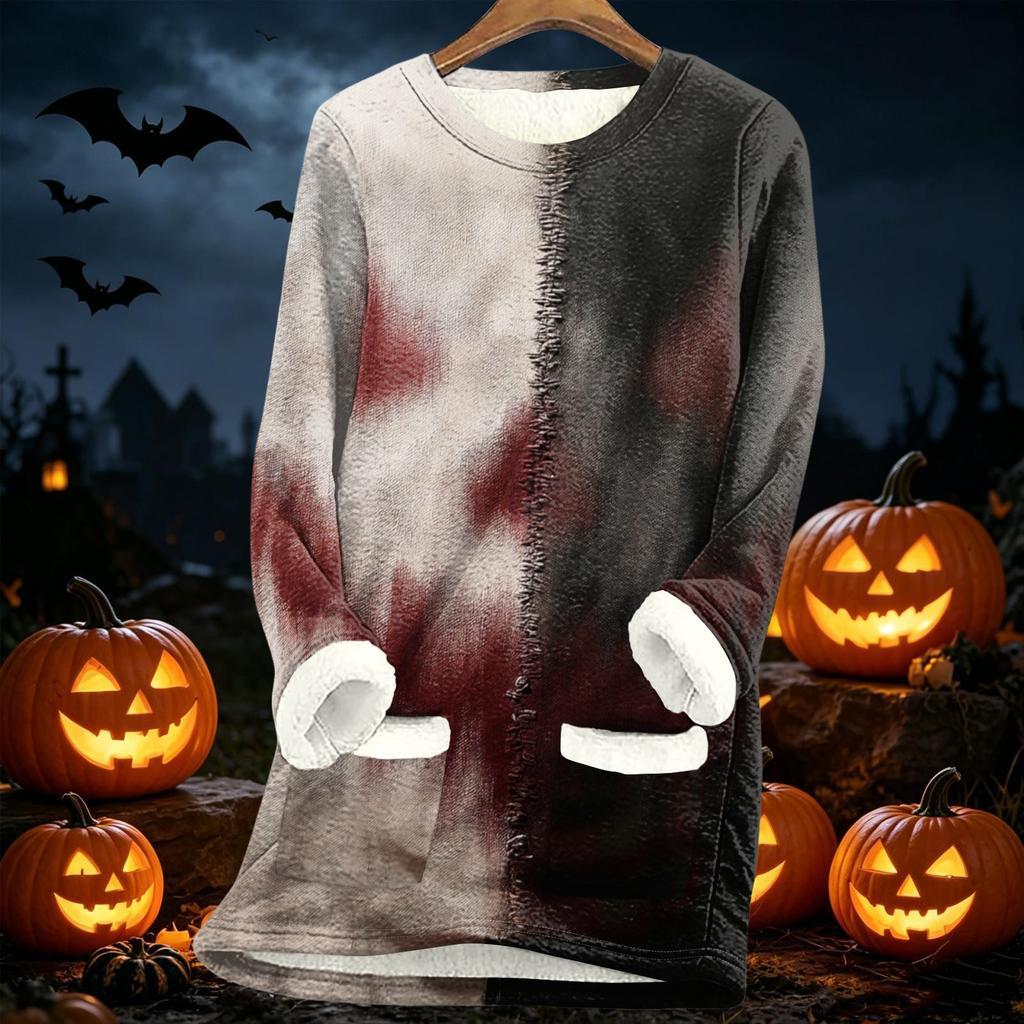 Long Sleeve Fleece Lined Pullover Sweatshirt with Halloween Print Thickened Sherpa Lining Warm Casual Loose Fit Top for Women Autumn Winter