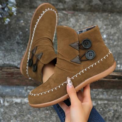 2025 New European and American Plus Size Round Toe Retro Style Sewn Short Tube Flat Sole Suede Women's Naked Boots