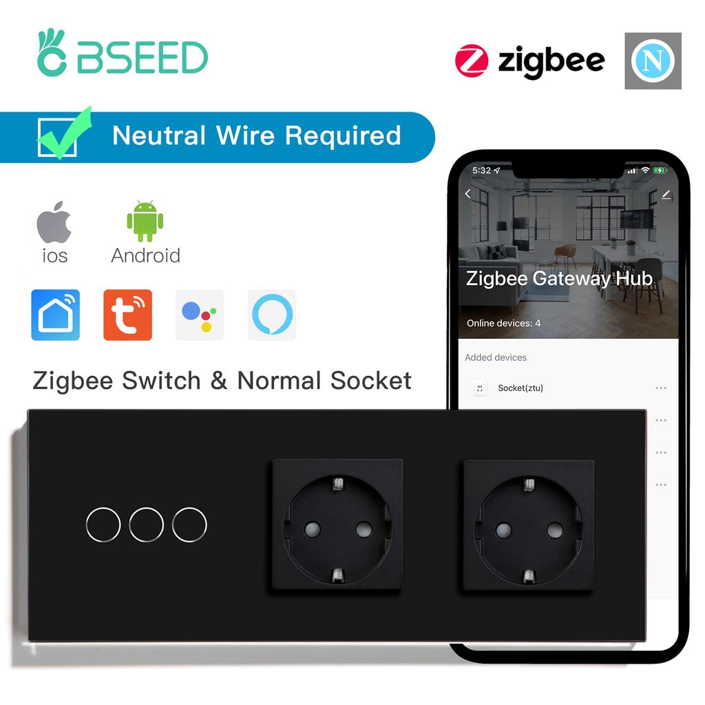 BSEED 1/2/3Gang Zigbee Wall Touch Switches Plus EU Sockets Double Triple Light Switches Tuya Smart Life App Neutral Required