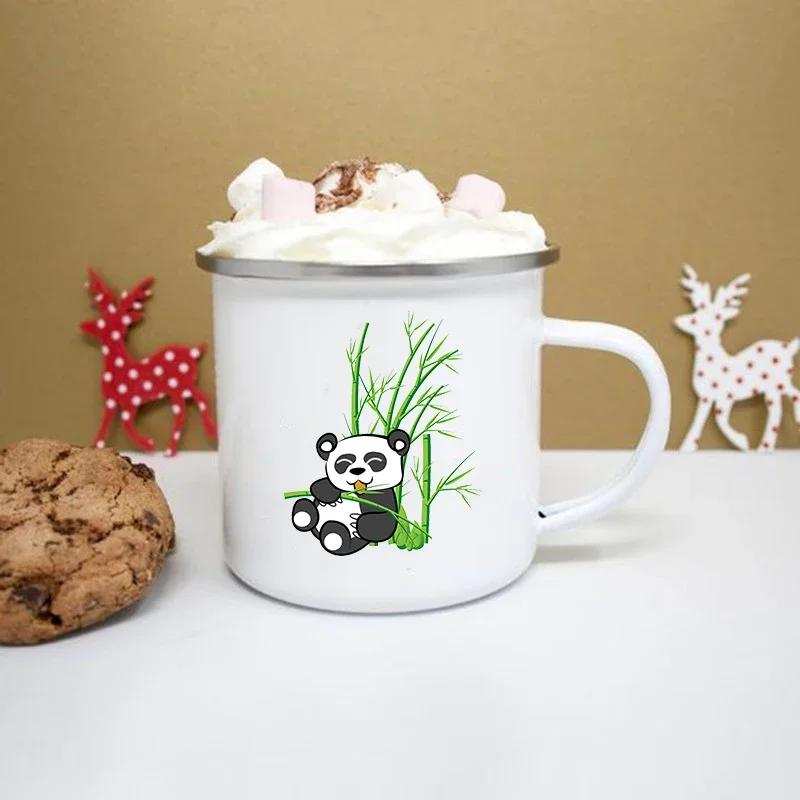 Cute Panda Print Enamel Creative Coffee Tea Water Cups Drinks Dessert Breakfast Milk Cup Kawaii Mugs Handle Drinkware Best Gifts