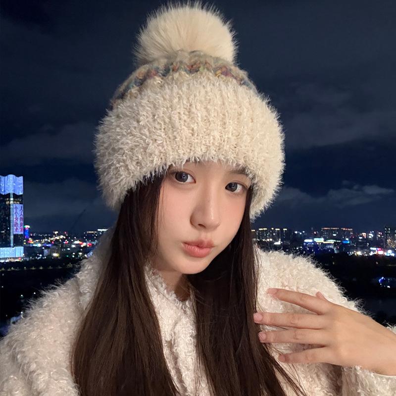 Autumn and Winter Hat Female Cute Hairball Cold Hat Rabbit Fur Fleece Warm Hat