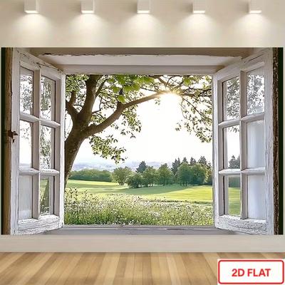 Sfondo 2D Paesaggio Naturale, Finestra Aperta Vintage con Verde Illuminato dal Sole Sfondo Fotografico per Festa a Casa