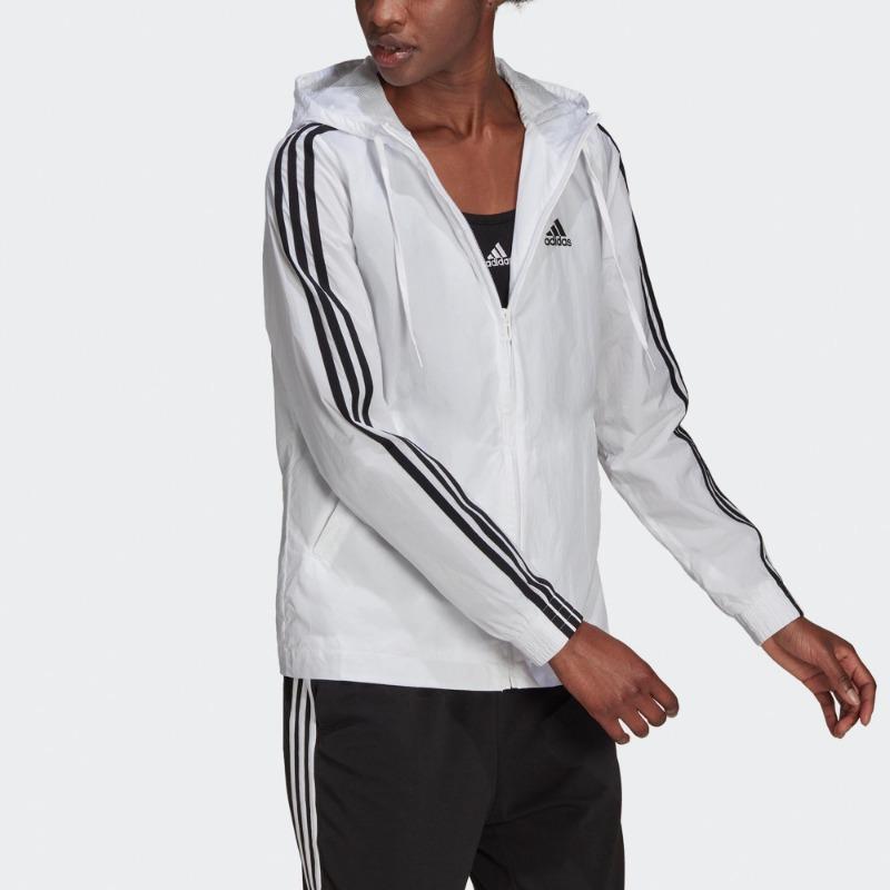adidas Women's White 3-Stripes Hooded Windbreaker Jacket H10243