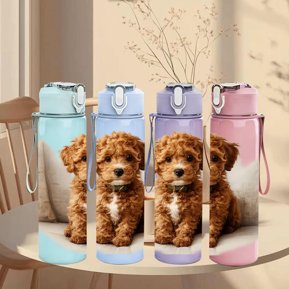 1PC Cute Puppy On Pillow Print 750ml Color Plastic Sports Water Bottle Leakproof Flip Straw Lid Suitable for Sports Office Home Use