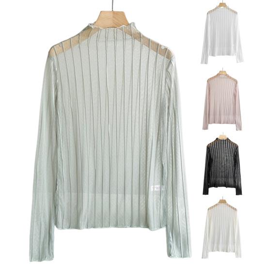 Women Sunscreen Tops Half High Collar Long Sleeve Perspective Mesh Tops Lace Lines Texture Blouse Daily Wear