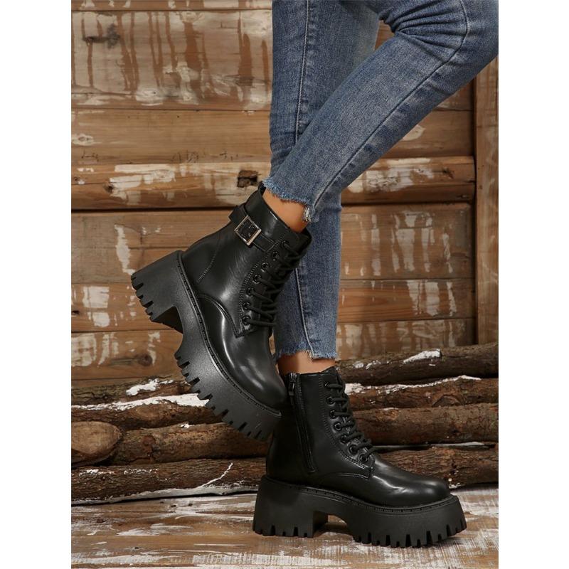 Plus Size 25 Autumn New Lace-up Round Toe Buckle with Platform Short Sore Women's British Style Fashion Trend Martin Boots