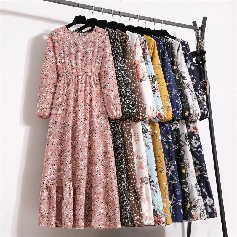 Spring New Floral Long Dress Round Neck Long Sleeve Waist Thin A-shaped Dress