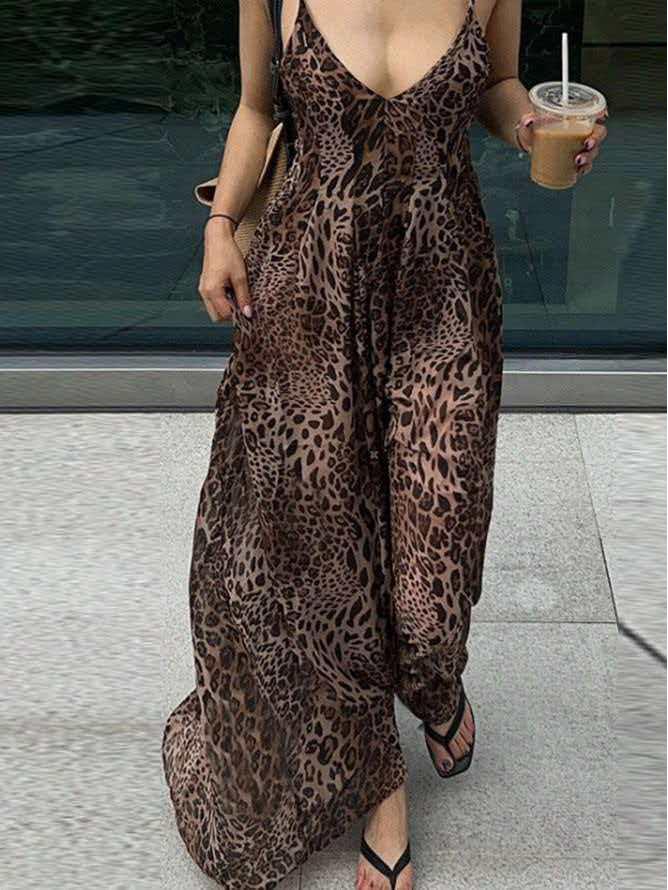 Spicy Leopard Print Backless V-Neck Spaghetti Strap Summer Dress - Elegant and Slim Fit