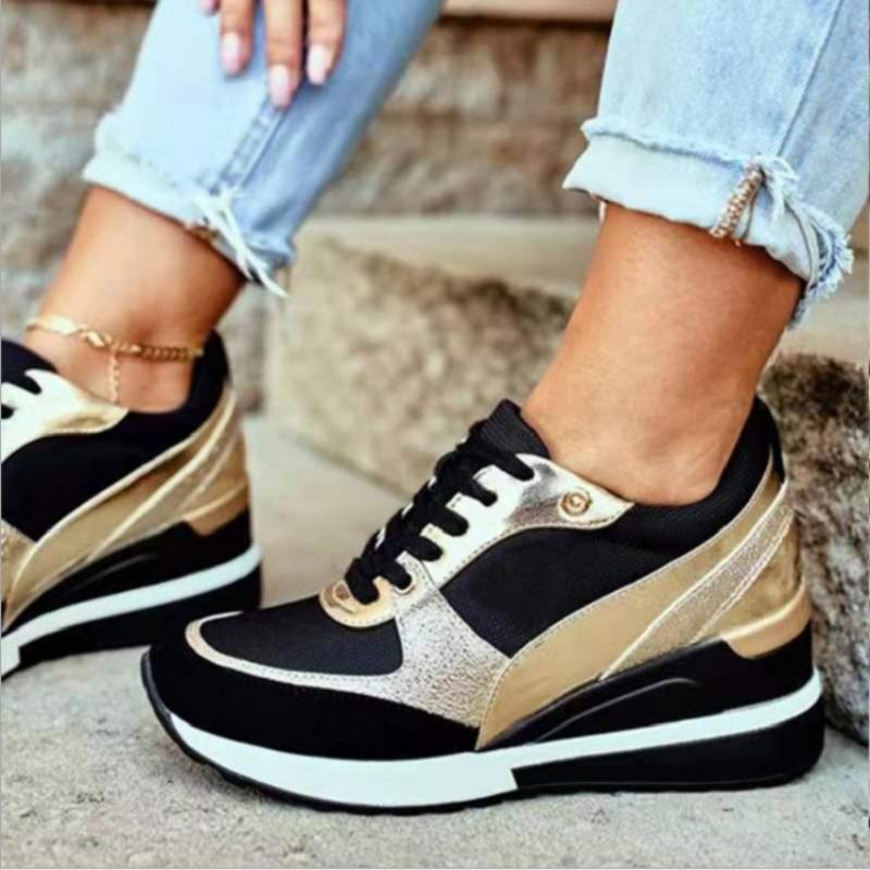 Large-sized Autumn New Thick-soled Women's Shoes with Color Matching, Comfortable and Casual Sequined Breathable Sneaker Shoes