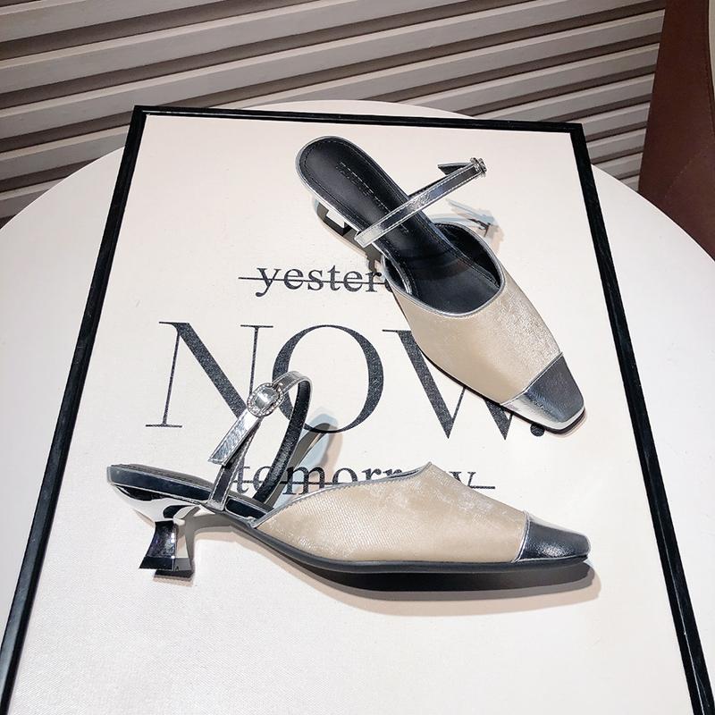 

тренд модный дизайнер летние женские тапочки с закрытым носком модные неглубокие шлепанцы женские элегантные туфли на каблуке сандалии Size 35(foot 22.5cm) бежевый