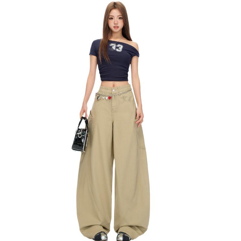 Women's 2025 Khaki American Retro Wide-Leg Bootcut Jeans with Large Pockets