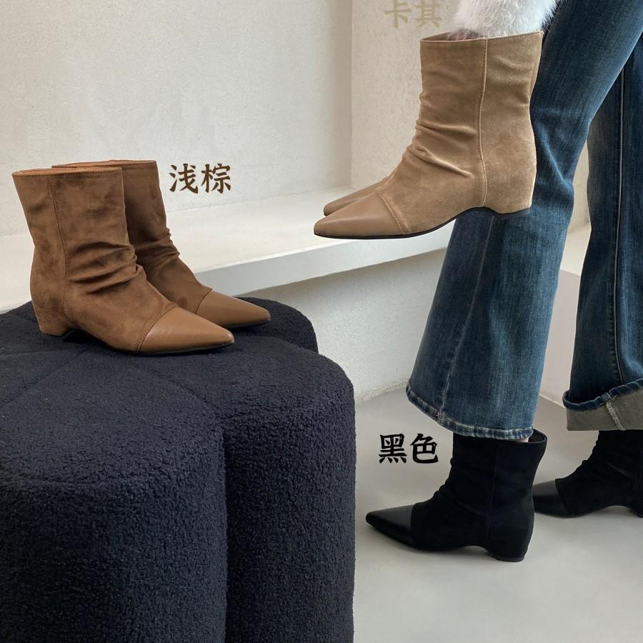 Women's shoes real shot pointed retro elastic boots autumn and winter suede splicing thin boots rear zipper versatile solid color